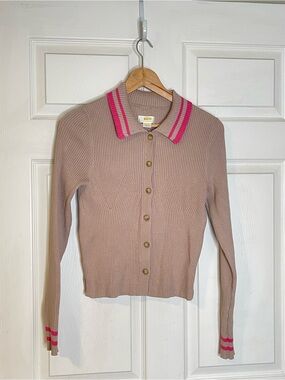 Anthropologie Taupe Ribbed Cardigan with Pink Trim Y2K Preppy Fitted Girly